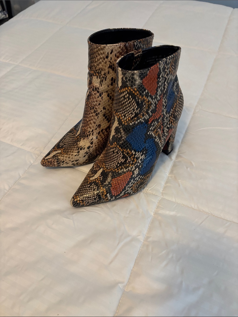 BAMBOO Pointed Snake-Print Ankle Boots in Brown with Blue & orange Accents